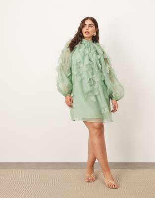 ARRANGE CURVE APPLIQUE ORGANZA FLORAL HIGH NECK TRAPEZE MINI DRESS 
