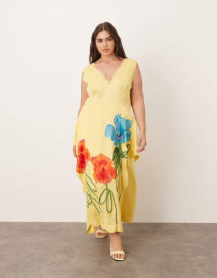 ARRANGE Curve - Ärmelloses Midaxi-Kleid in Gelb mit Blumen-Stickerei und Seitenschlitzen