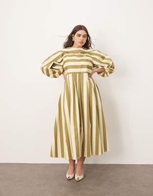 ARRANGE Curve - Ausgestelltes Midikleid in Olivgrün mit Streifen und Faltendetail-Bunt