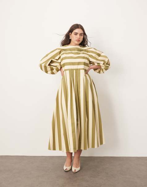 ARRANGE Curve – Ausgestelltes Midikleid in Olivgrün mit Streifen und Faltendetail - view 1