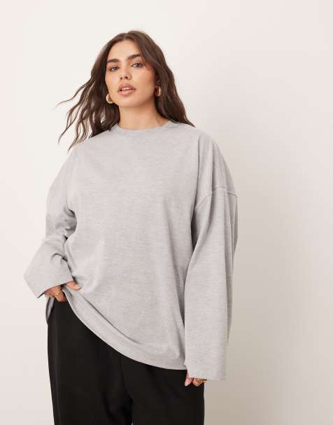 ARRANGE Curve – Bawełniany T-shirt oversize z długim rękawem w szarym melanżowym kolorze - view 1