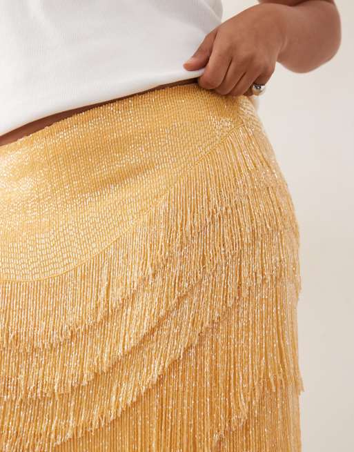 ARRANGE Curve beaded fringe column midi skirt in yellow, 3 of 5