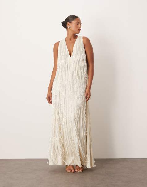 ARRANGE Curve beaded fringe maxi dress with splits in winter white