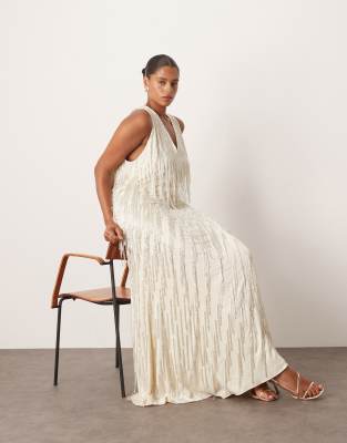 Arrange Curve Beaded Fringe Maxi Dress With Splits In Neutral
