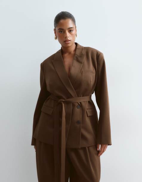 ARRANGE Curve belted cinched waist blazer with removable lapel in chocolate - part of a set - view 1