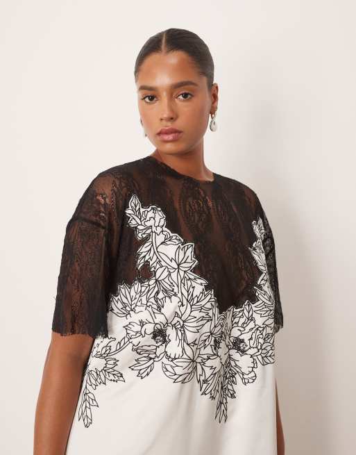 ARRANGE Curve – Besticktes Midi-Säulenkleid aus Satin in Elfenbeinweiß mit Spitzenapplikation, 2 von 4