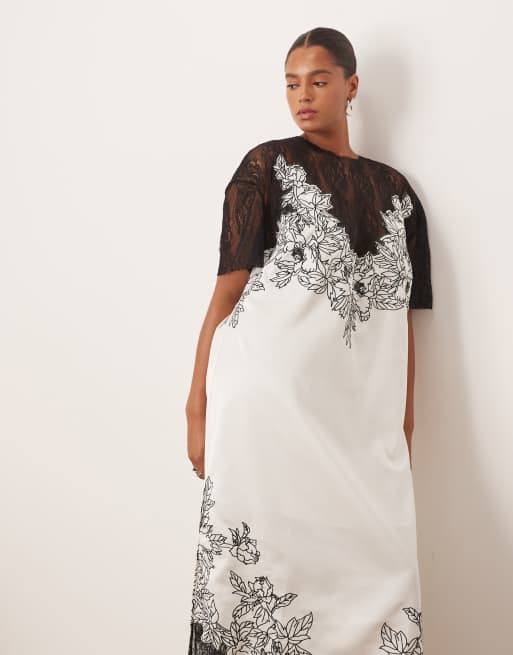 ARRANGE Curve – Besticktes Midi-Säulenkleid aus Satin in Elfenbeinweiß mit Spitzenapplikation, 3 von 4