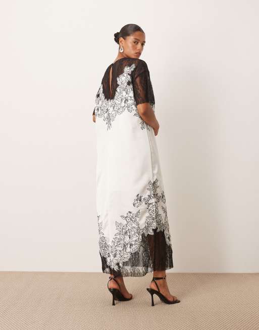 ARRANGE Curve – Besticktes Midi-Säulenkleid aus Satin in Elfenbeinweiß mit Spitzenapplikation, 4 von 4