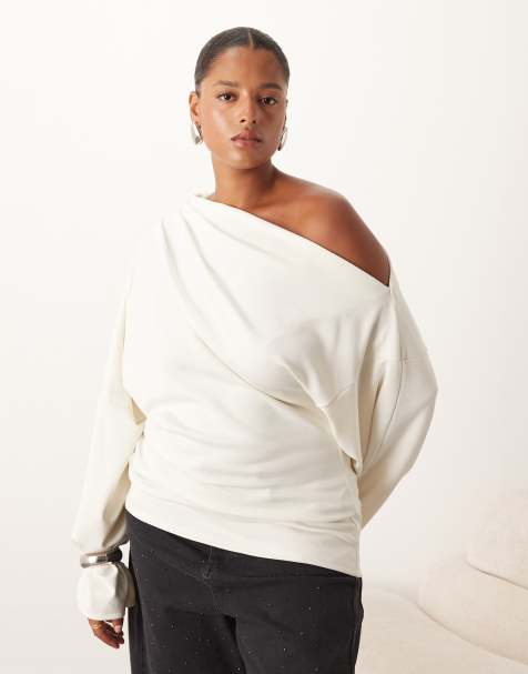 ARRANGE Curve jersey off shoulder wide sleeve top with ruched hem in white