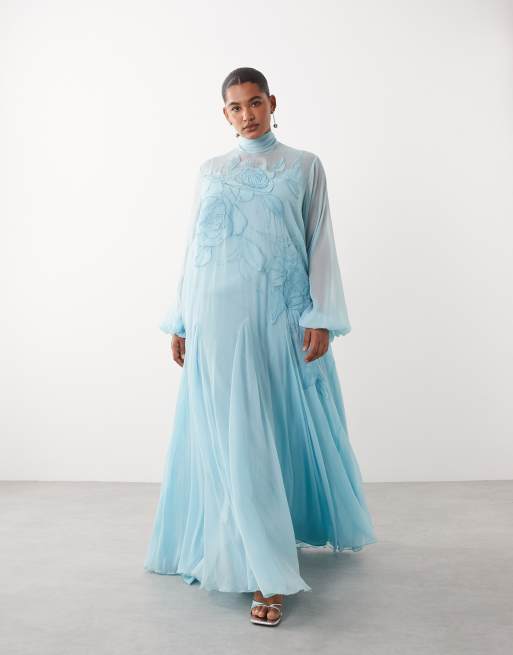 ARRANGE Curve - Blå trapezformet maxikjole med blouson-ærmer og bindebånd i halsen samt blomsterapplikationer, 2 af 4
