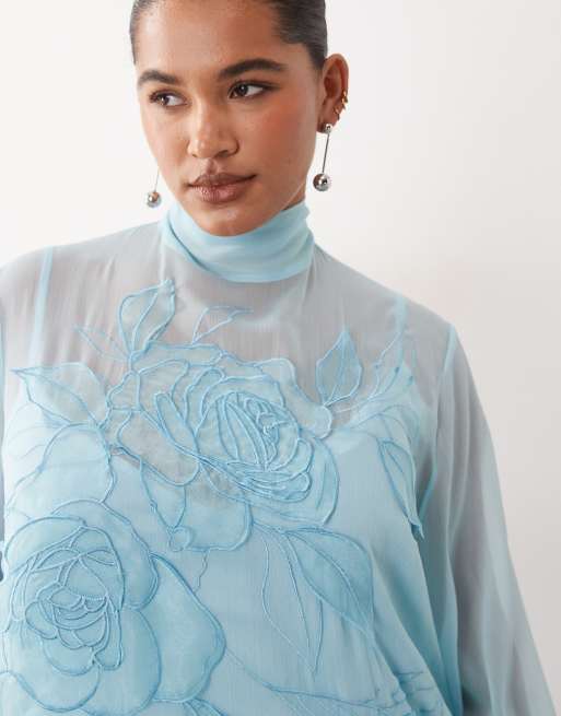 ARRANGE Curve - Blå trapezformet maxikjole med blouson-ærmer og bindebånd i halsen samt blomsterapplikationer, 3 af 4