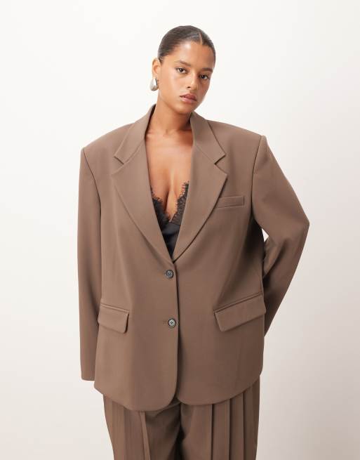 ARRANGE Curve - Blazer d'ensemble oversize à boutonnage simple en laine - Chocolat