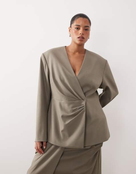 ARRANGE Curve - Blazer effet croisé sans col avec taille cintrée et détail plissé - Gris clair - view 1