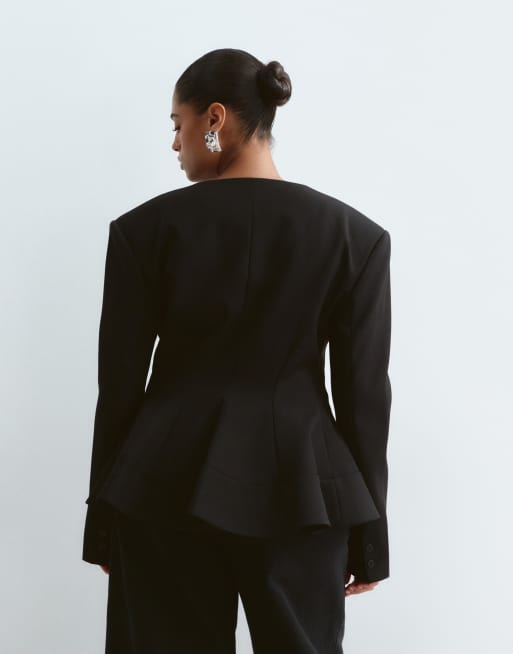 ARRANGE Curve blazer senza colletto con spalle strutturate e peplo nero, 4 di 4