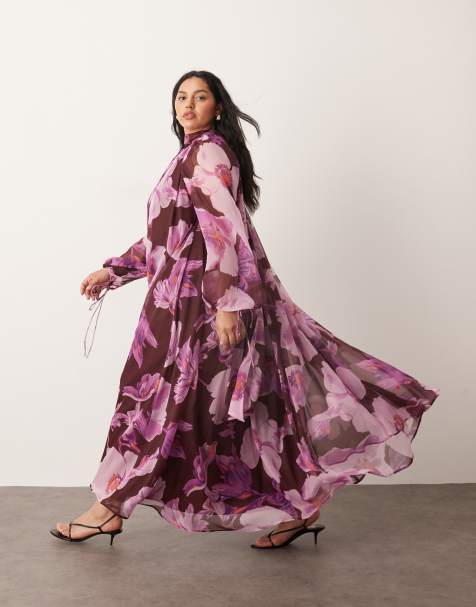 ARRANGE Curve chiffon trapeze maxi dress with balloon sleeves in large burgundy floral