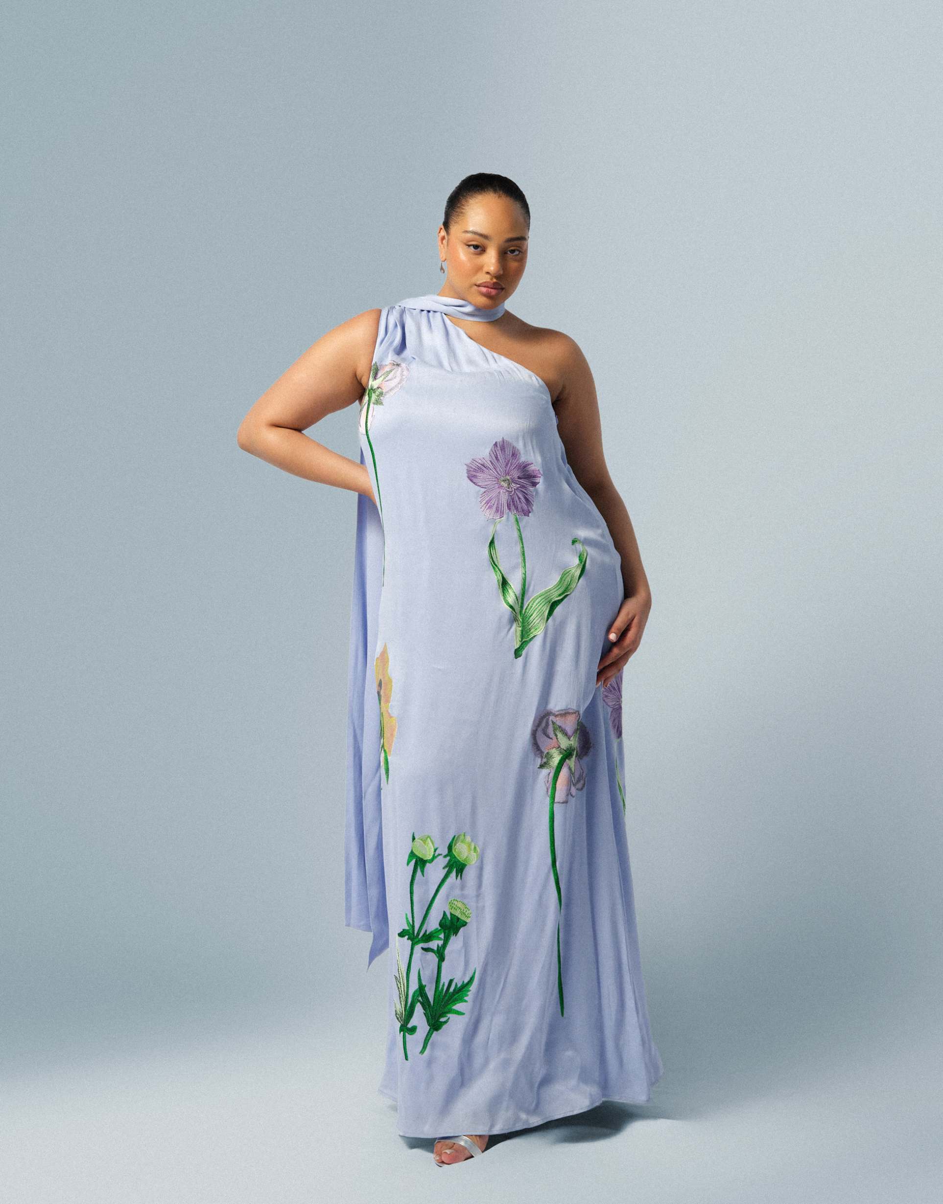 arrange curve botanical floral embroidered one shoulder maxi dress in dusky blue