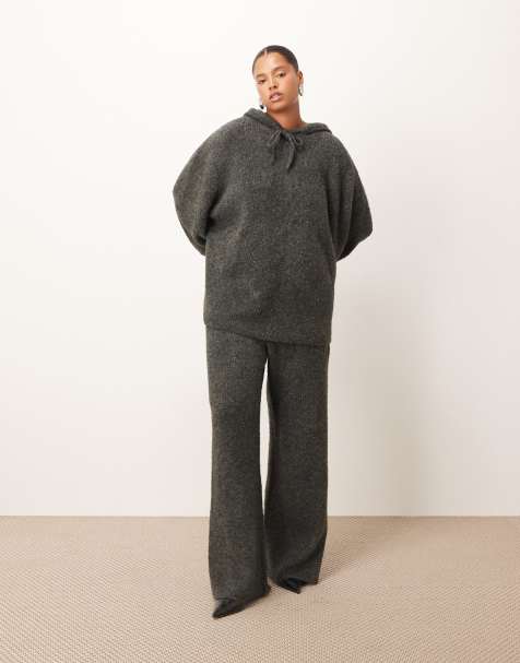 ARRANGE Curve boucle hoodie and boucle knit straight leg trouser in charcoal - view 1
