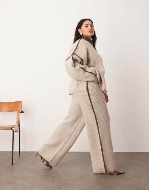 ARRANGE Curve – Breit gerippte Strickhose in Haferbeige mit farblich abgesetzter Verzierung in Schokobraun, Kombiteil - view 1