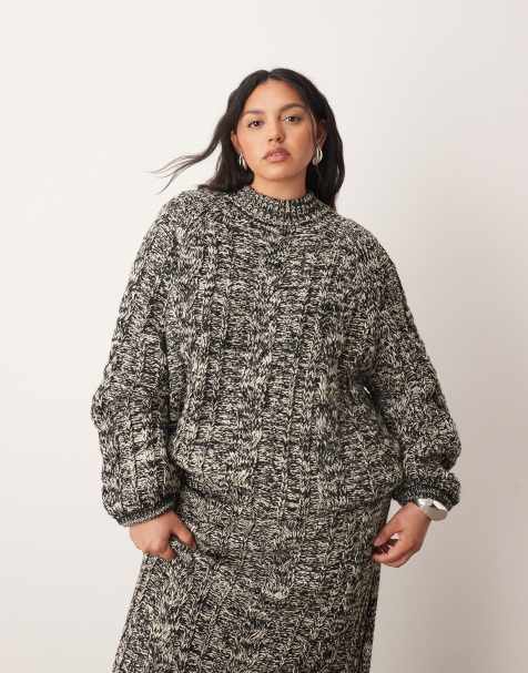 ARRANGE Curve cable knit high neck jumper with volume sleeve co-ord in mono - view 1