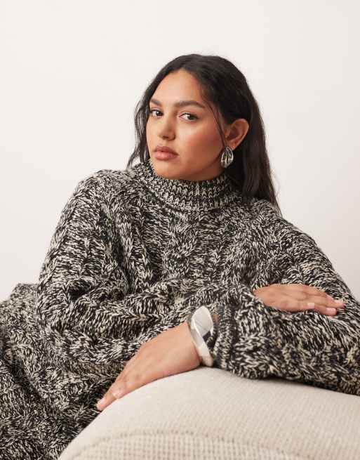 ARRANGE Curve cable knit high neck jumper with volume sleeve in mono (Part of a set), 2 of 4