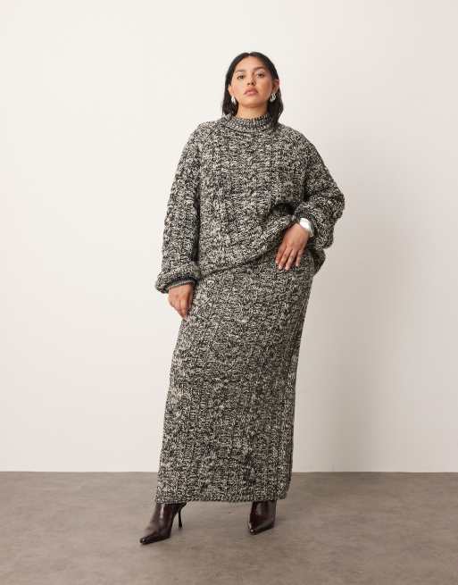 ARRANGE Curve cable knit high neck jumper with volume sleeve in mono (Part of a set), 3 of 4