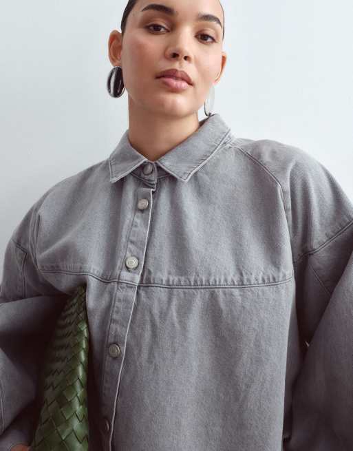 ARRANGE Curve camicia oversize in denim coordinato lavaggio grigio, 3 di 4