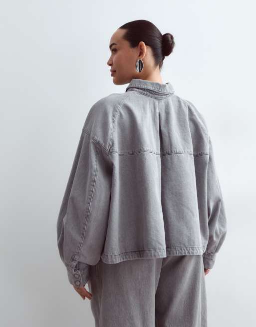 ARRANGE Curve camicia oversize in denim coordinato lavaggio grigio, 4 di 4