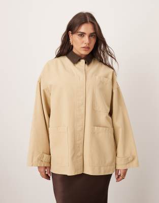 ARRANGE Curve canvas oversized barn shacket with cord collar in camel-Brown