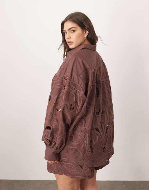 ARRANGE Curve - Chemise d'ensemble en coton à fleurs brodées et ajourées effet miroir - Chocolat, 4 de 4