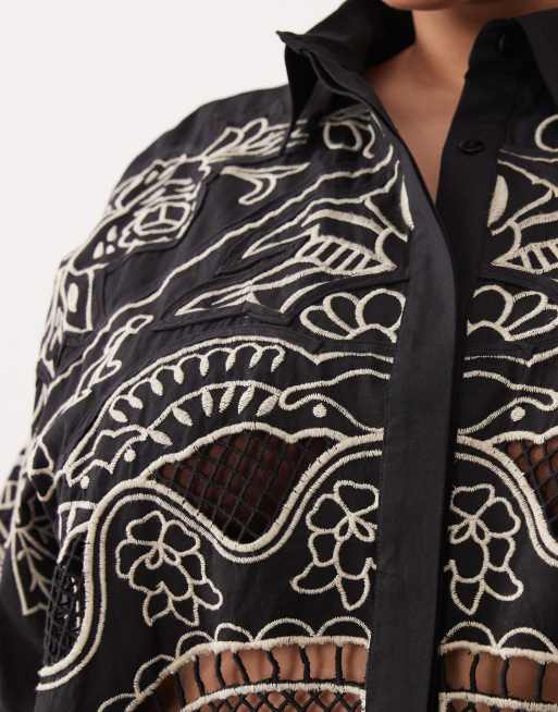ARRANGE Curve - Chemise d'ensemble en coton brodée ajourée - Noir et crème, 3 de 4