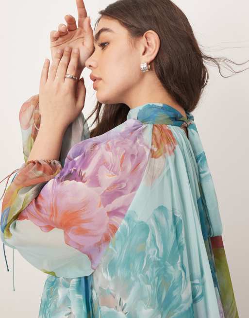 ARRANGE Curve chiffon trapeze maxi dress with balloon sleeves in large blue  floral print | ASOS