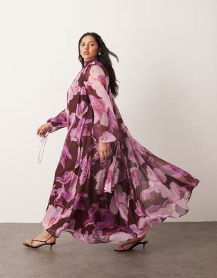 ARRANGE ARRANGE Curve chiffon trapeze maxi dress with balloon sleeves in large burgundy floral-Multi