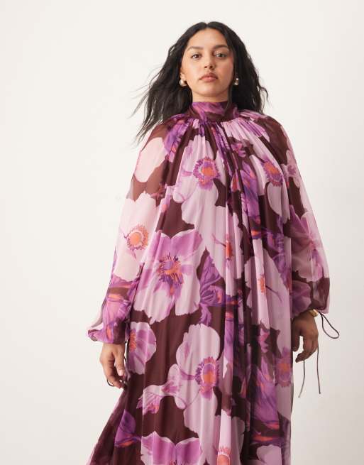 ARRANGE Curve chiffon trapeze maxi dress with balloon sleeves in large burgundy floral
