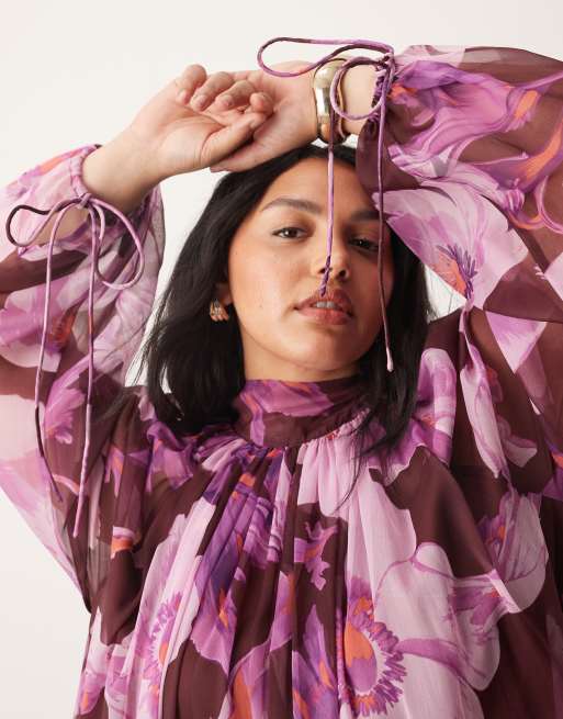 ARRANGE Curve chiffon trapeze maxi dress with balloon sleeves in large burgundy floral