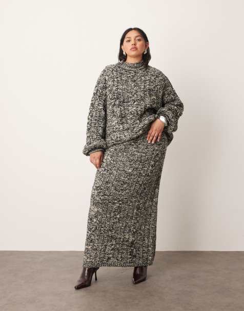 ARRANGE Curve chunky cable knit high neck jumper with volume sleeve and midi skirt in mono - view 1