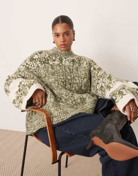 ARRANGE Curve chunky mixed knit sweater in green and cream - view 1