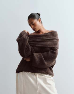 Arrange Curve Chunky Rib Knit Off Shoulder Sweater In Brown