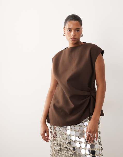 ARRANGE Curve cinch waist tailored top with button detail in chocolate - view 1