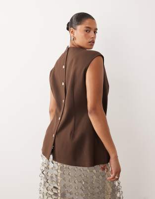 Arrange Curve Cinch Waist Tailored Top With Button Detail In Brown