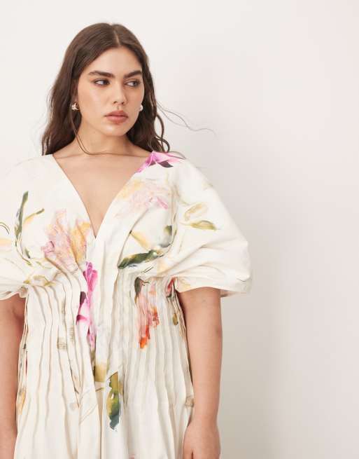 ARRANGE Curve cinched waist pleat detail maxi dress in floral print