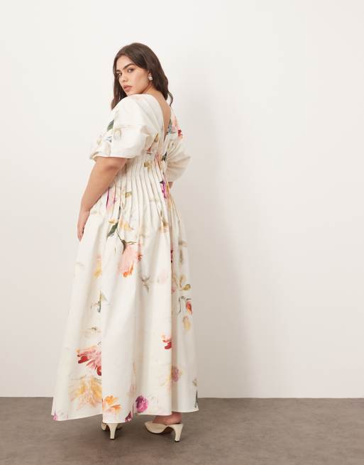 arrange cinched waist pleat detail maxi dress in floral print Express Women's Floral Poplin Sweetheart Drop Waist Smocked Back Maxi Dress With Pockets Large