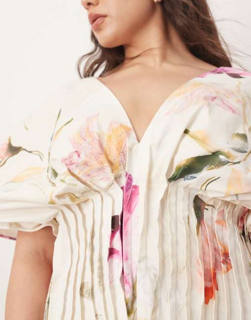 ARRANGE Curve cinched waist pleat detail maxi dress in floral print