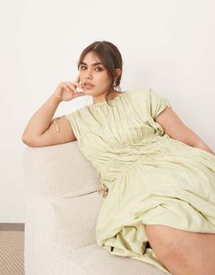 ARRANGE CURVE CLEAN COTTON DRAWSTRING DETAIL TRAPEZE MIDI DRESS WITH POCKETS 