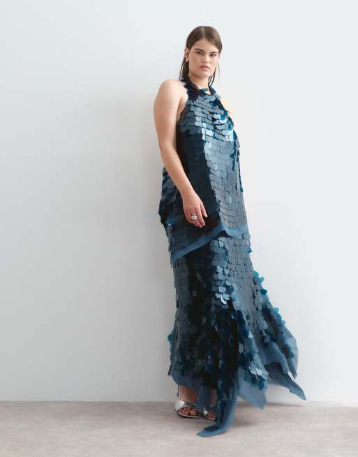 ARRANGE Curve - Co-ord set van haltertop met lange pasvorm en scherflovertjes en midi rok in petrol blauw, 2 van 2