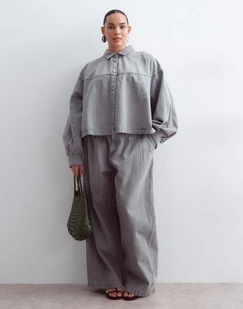 ARRANGE Curve - Conjunto vaquero gris lavado de camisa extragrande y pantalones de pernera ancha - view 1