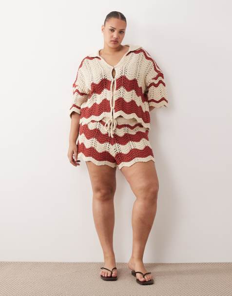 ARRANGE Curve - Coordinato con top e pantaloncini all'uncinetto a righe color ruggine e beige - view 1