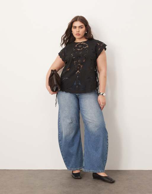 ARRANGE Curve cotton cutwork embroidered top with tie side in black