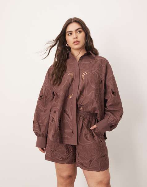 ARRANGE Curve cotton mirrored floral embroidered cutwork shirt co-ord in chocolate - view 1