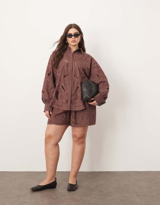 ARRANGE Curve cotton mirrored floral embroidered cutwork shirt co-ord in chocolate, 3 of 4
