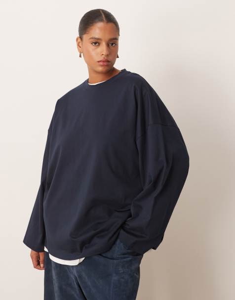ARRANGE Curve cotton oversized long sleeve T-shirt in in navy - view 1